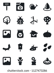 Set of vector isolated black icon - flower in pot vector, tree, watering can, lady bug, water drop, plant label, pumpkin, seeds, caterpillar, bird house, fertilizer, gallery, photo, pond, windmill