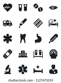 Set of vector isolated black icon - heart pulse vector, blood test vial, dropper, thermometer, microscope, pills, blister, patch, tomography, ambulance star, car, hospital bed, stomach, caries, eye