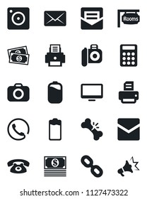 Set of vector isolated black icon - printer vector, broken bone, cash, camera, monitor, chain, battery, mobile, mail, calculator, rooms, phone, advertising