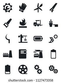 Set of vector isolated black icon - fork loader vector, factory, glove, saw, sickle, sea port, flammable, reel, battery, low, root setup, crane, water heater, gear, sun panel, windmill