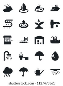 Set of vector isolated black icon - shower vector, watering can, water drop, rain, well, pond, drip irrigation, sea shipping, port, umbrella, pool, warehouse, sprinkler