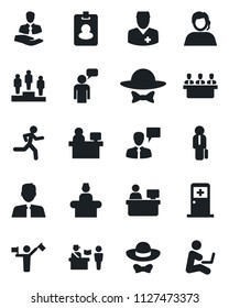 Set of vector isolated black icon - dispatcher vector, passport control, reception, medical room, speaking man, pedestal, manager place, run, doctor, support, client, meeting, estate agent