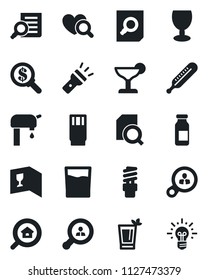 Set of vector isolated black icon - document search vector, thermometer, heart diagnostic, ampoule, fragile, torch, water supply, estate, client, wine card, drink, cocktail, phyto bar, consumer