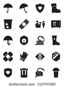 Set of vector isolated black icon - passport control vector, umbrella, trash bin, safe, glove, boot, hose, patch, heart shield, eye id, estate insurance, water filter