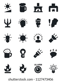 Set of vector isolated black icon - brainstorm vector, bulb, fire, sun, torch, brightness, fireplace, beer, candle, smoke detector, energy saving, alarm led, shining head, idea