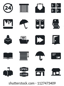 Set of vector isolated black icon - 24 around vector, umbrella, shop, checkroom, book, package, mail, fast forward, scanner, document folder, mailbox, open close, jalousie, door, storefront