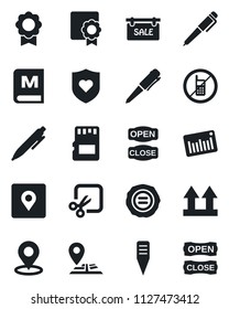 Set of vector isolated black icon - no mobile vector, pen, stamp, plant label, heart shield, navigation, up side sign, barcode, sd, cut, place tag, sertificate, sale, menu, open close