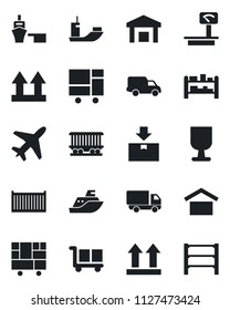 Set of vector isolated black icon - plane vector, railroad, sea shipping, cargo container, car delivery, port, consolidated, fragile, warehouse storage, up side sign, package, heavy scales, rack