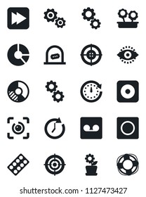 Set of vector isolated black icon - ticket office vector, circle chart, pills blister, fast forward, rec button, record, eye id, target, flower in pot, gear, clock, crisis management