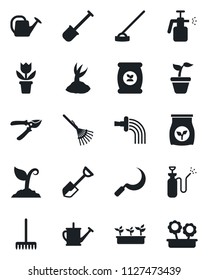 Set of vector isolated black icon - flower in pot vector, shovel, rake, seedling, watering can, sproute, pruner, hoe, sickle, garden sprayer, fertilizer