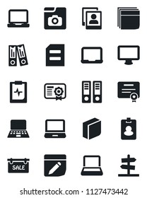 Set of vector isolated black icon - office binder vector, notebook pc, document, pulse clipboard, monitor, laptop, notes, photo gallery, blank box, sale, pass card, certificate, guidepost