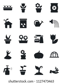 Set of vector isolated black icon - factory vector, flower in pot, seedling, watering can, sproute, pumpkin, greenhouse, seeds, garden sprayer, fertilizer, tulip, eco house, palm