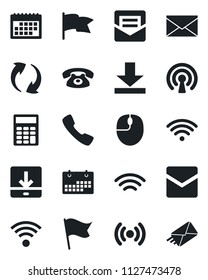 Set of vector isolated black icon - mail vector, mouse, call, update, download, wireless, calendar, calculator, phone, flag
