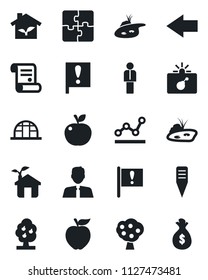 Set of vector isolated black icon - bomb in case vector, left arrow, manager, contract, plant label, greenhouse, important flag, application, point graph, pond, fruit tree, estate agent, apple