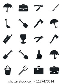 Set of vector isolated black icon - suitcase vector, umbrella, job, shovel, farm fork, bucket, pruner, axe, scalpel, fragile, themes, case, ladle