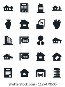 Set of vector isolated black icon - office building vector, house, real heart, contract, with garage, tree, estate document, rent, sold signboard, agent, smart home, city