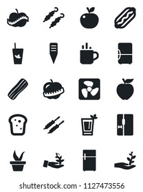 Set of vector isolated black icon - hot cup vector, seedling, plant label, diet, fridge, phyto bar, bacon, bread, kebab, dog, apple fruit, fan, palm sproute