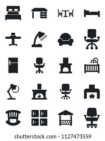 Set of vector isolated black icon - cafe vector, bed, checkroom, office chair, desk, fireplace, lamp, bedroom, children room, cushioned furniture, restaurant table, alcove, fridge