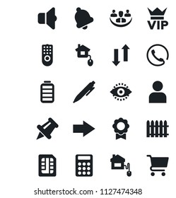 Set of vector isolated black icon - vip vector, right arrow, pen, fence, paper pin, battery, user, bell, sim, data exchange, eye id, sertificate, company, calculator, phone, home control, remote