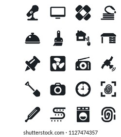 Set of vector isolated black icon - desk vector, job, hose, drip irrigation, thermometer, patch, clock, camera, microphone, radio, satellite, monitor, paper pin, themes, dish, home control, fan