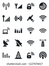 Set of vector isolated black icon - antenna vector, wireless notebook, border cone, radar, satellite, equalizer, mute, cellular signal, lock