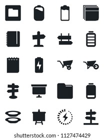 Set of vector isolated black icon - signpost vector, notepad, presentation board, wheelbarrow, battery, low, folder, charge, blank box, plates, guidepost