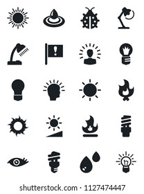 Set of vector isolated black icon - sun vector, bulb, lady bug, fire, eye, important flag, brightness, desk lamp, water, energy saving, shining head, idea