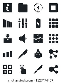 Set of vector isolated black icon - package vector, sorting, settings, touch screen, stop button, menu, folder, charge, application, pen, sound, information, social media