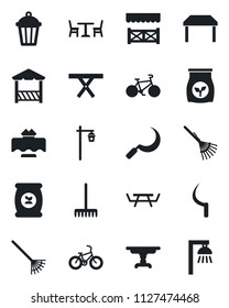 Set of vector isolated black icon - cafe vector, rake, sickle, garden light, picnic table, fertilizer, bike, restaurant, alcove, outdoor lamp