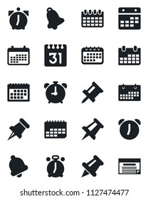 Set of vector isolated black icon - alarm clock vector, drawing pin, calendar, term, paper, bell, schedule