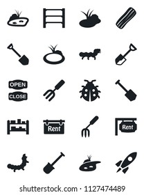 Set of vector isolated black icon - job vector, garden fork, shovel, lady bug, caterpillar, pond, rack, rent, bacon, open close, rocket