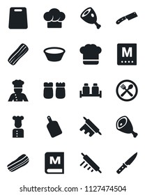Set of vector isolated black icon - cook vector, cafe, hat, menu, bacon, salt and pepper, ham, bowl, rolling pin, cutting board, knife