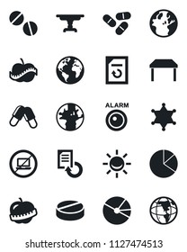 Set of vector isolated black icon - no laptop vector, document reload, pills, diet, earth, pie graph, table, police, alarm led