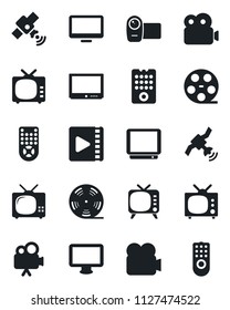 Set of vector isolated black icon - reel vector, satellite, tv, video camera, remote control, monitor