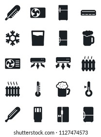 Set of vector isolated black icon - thermometer vector, heater, air conditioner, fridge, drink, beer, snowflake