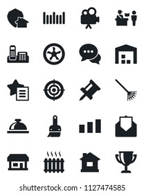 Set of vector isolated black icon - passport control vector, reception bell, rake, house, store, sorting, barcode, video camera, dialog, favorites list, mail, themes, drawing pin, office phone, fan