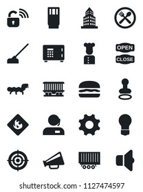 Set of vector isolated black icon - stamp vector, safe, bulb, hoe, caterpillar, railroad, truck trailer, flammable, loudspeaker, settings, office building, support, target, cook, cafe, drink, sound