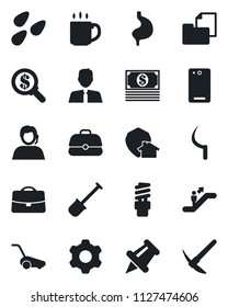 Set of vector isolated black icon - escalator vector, shovel, lawn mower, sickle, seeds, stomach, support, folder document, paper pin, phone back, settings, case, coffee, estate agent, home protect