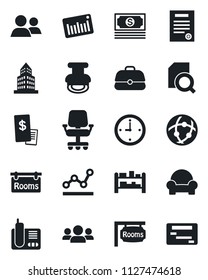 Set of vector isolated black icon - cash vector, barcode, rack, radio phone, group, network, clock, office building, document search, point graph, contract, stamp, rooms, cushioned furniture, chair