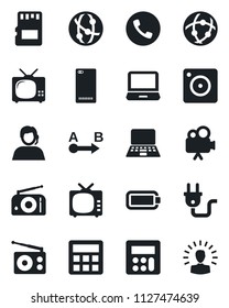Set of vector isolated black icon - phone vector, notebook pc, support, route, radio, tv, video camera, network, laptop, back, mobile, calculator, sd, battery, power plug, shining head