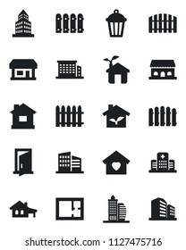 Set of vector isolated black icon - fence vector, house, garden light, hospital, store, office building, with garage, plan, sweet home, cafe, eco, door