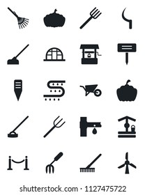 Set of vector isolated black icon - fence vector, garden fork, farm, rake, wheelbarrow, well, hoe, sickle, plant label, pumpkin, greenhouse, drip irrigation, windmill