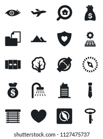Set of vector isolated black icon - automatic door vector, shower, money bag, tree, heart, shield, eye, joint, plane, folder document, compass, tie, sun panel, mountains, estate search, city house