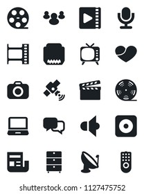 Set of vector isolated black icon - satellite antenna vector, clapboard, film frame, reel, archive chest, camera, speaker, tv, microphone, dialog, laptop pc, group, heart, rec button, hdmi, video
