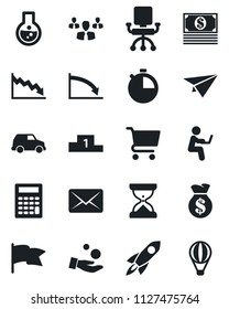 Set of vector isolated black icon - stopwatch vector, group, rocket, money bag, crisis, office chair, investment, cart, flask, flag, cash, calculator, car, paper plane, mail, pedestal, sand clock