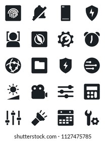 Set of vector isolated black icon - phone back vector, protect, tuning, calculator, alarm, network, folder, calendar, torch, mute, brightness, compass, face id, fingerprint, video, root setup
