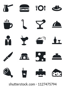 Set of vector isolated black icon - waiter vector, dish, alcohol, restaurant table, serviette, cafe, reception, cocktail, phyto bar, coffee, building, ham, hamburger, ladle, knife, steaming pan