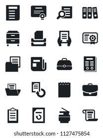Set of vector isolated black icon - document search vector, notepad, reload, folder, news, clipboard, paper binder, tray, archive box, copier, contract, case, certificate