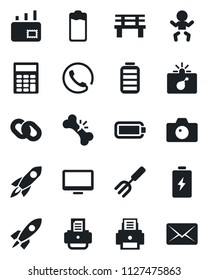 Set of vector isolated black icon - bomb in case vector, baby, camera, printer, garden fork, bench, broken bone, monitor, chain, battery, calculator, mail, phone, rocket