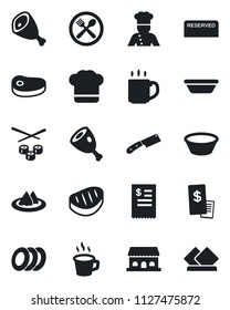 Set of vector isolated black icon - coffee vector, cook, serviette, cafe, hat, reserved, plates, building, restaurant receipt, steak, ham, bowl, knife, sushi